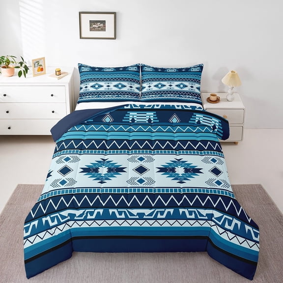Erosebridal Blue Aztec Comforter Sets Queen Size,Bohemian Theme Bedding Queen Comforter Set,Boho Tribal Duvet Insert,Microfiber Hippie Room Decoration,Reversible,3 Pieces