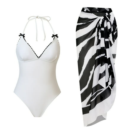 ZQGJB 3 Piece Swimsuits for Women High Waisted Bikini Sets Retro Swimsuit with Cover up Beach Chiffon Maxi Wrap Skirt(White#01 S)