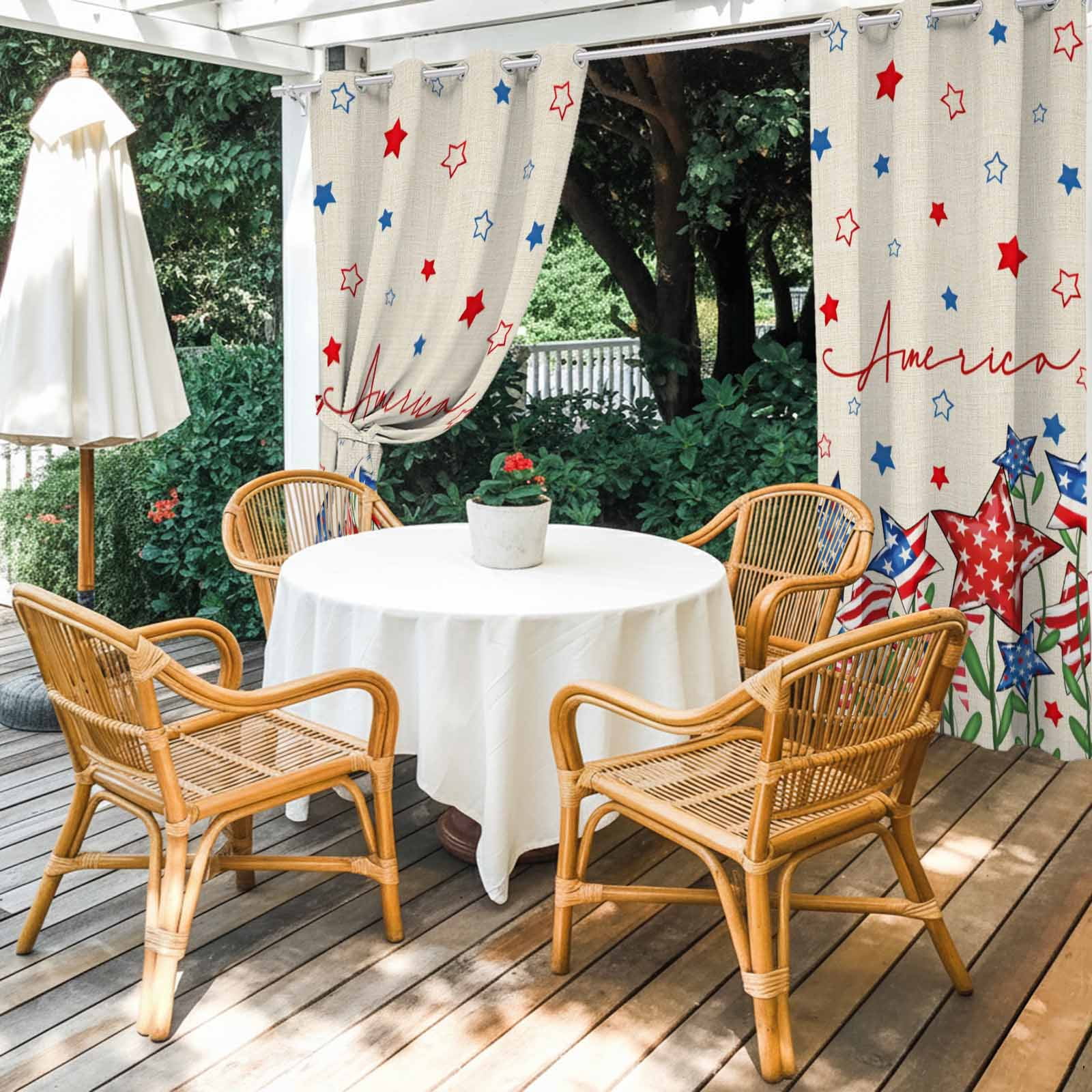 Independence Day Star Outdoor Curtains for Patio, Modern Blue Red American Stars Plant Linen Texture Sunshade Privacy Drapes Grommet Waterproof Outside Curtains for Porch Balcony 54"x95", 2 Panel