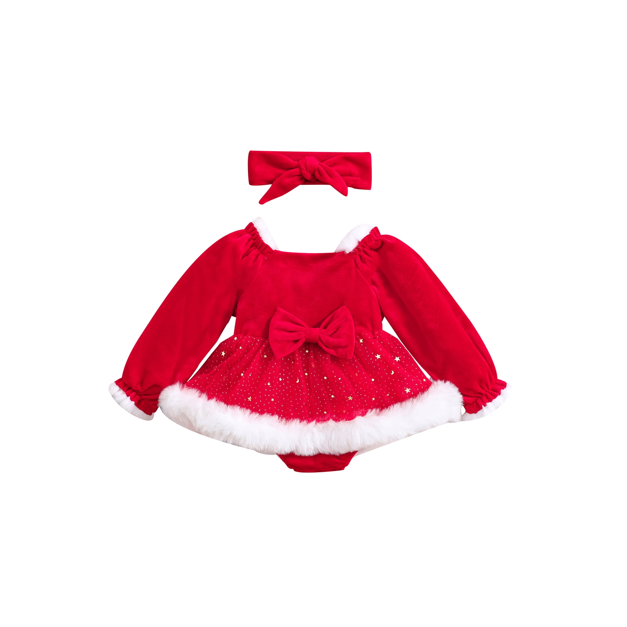 Sylvamorning Infant Girls Christmas Dress Clothes 6M 12M 18M Baby Girls Long Sleeve Rompers A line Dress with Headband Set Christmas Holiday themed