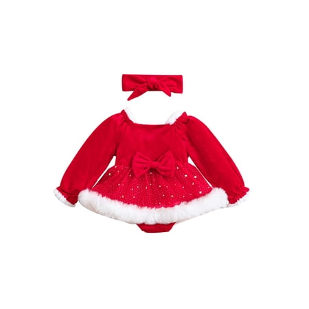 

Toddler Baby Girls My 1st Christmas Outfit Velvet Fur Trim Christmas Romper Dress Santa Claus Bodysuit Dress+Headband