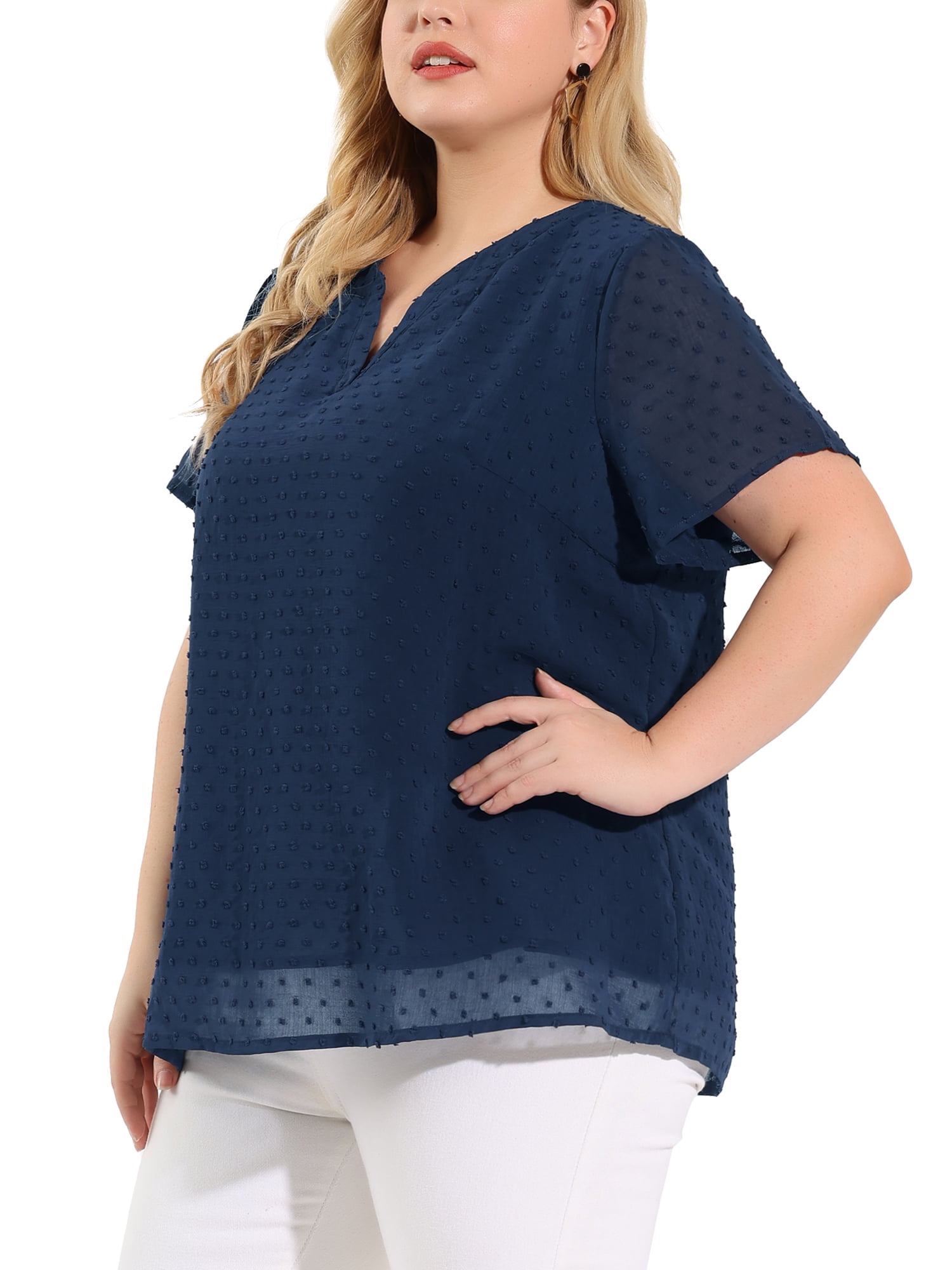 Unique Bargains Women's Plus Size Outfits Fashion Solid Pin Dots V Neck Top 3X Navy Blue