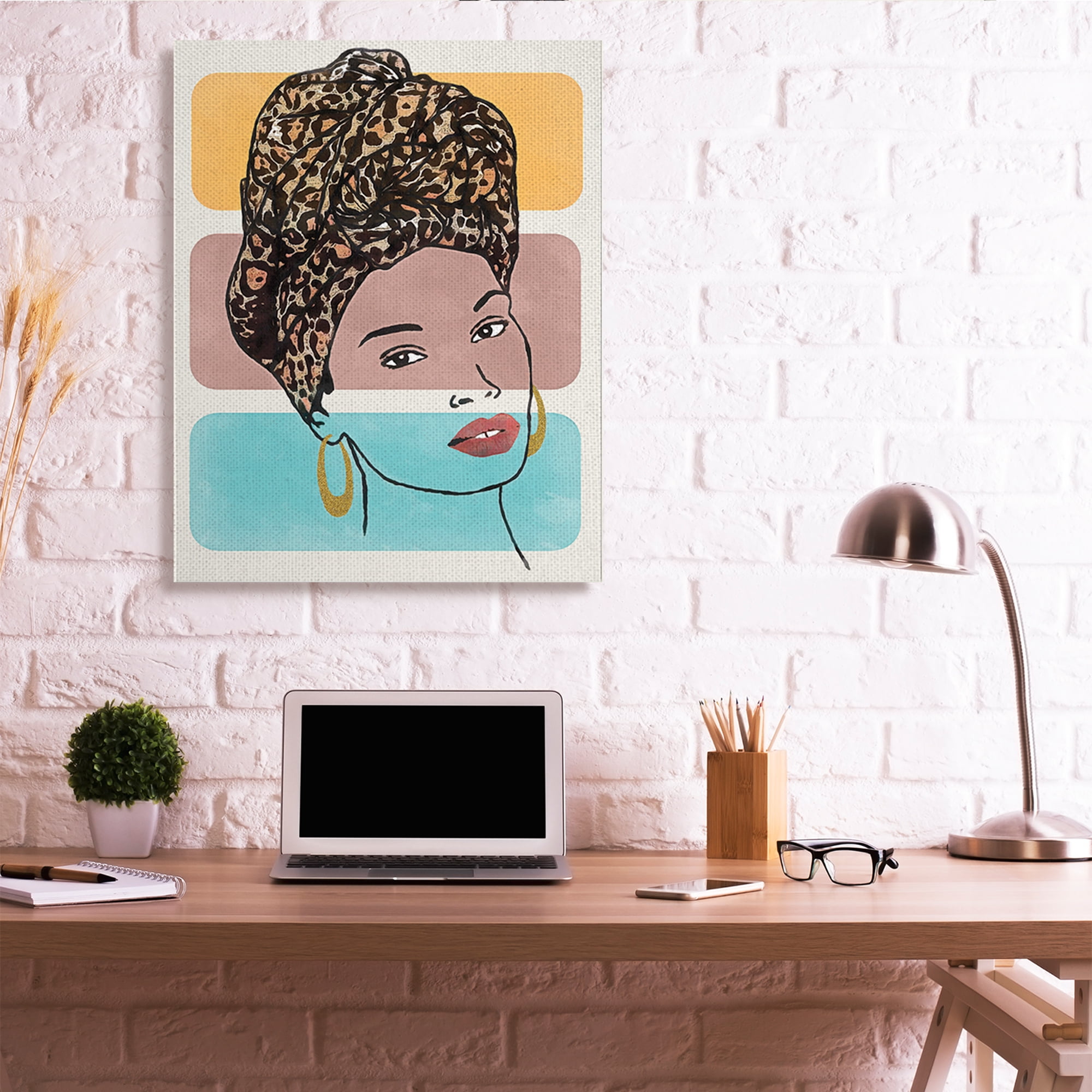 Stupell Industries Fashion Headwrap Portrait Over Bold Blocked Shapes Novelty Painting Gallery Wrapped Canvas Art Print Wall Art, 36 x 48