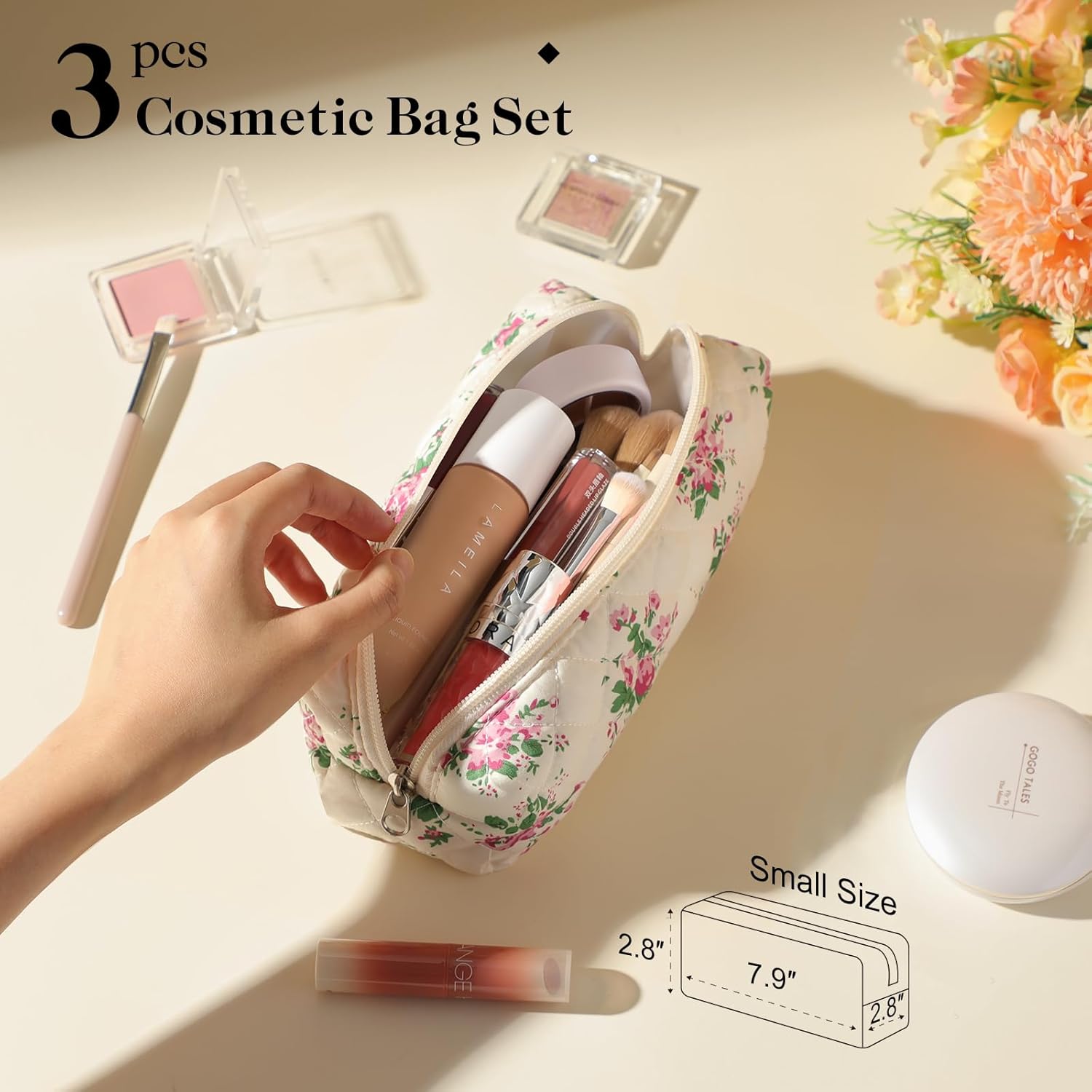 Delamu 3-Piece Quilted Floral Makeup Bag Set photo 4