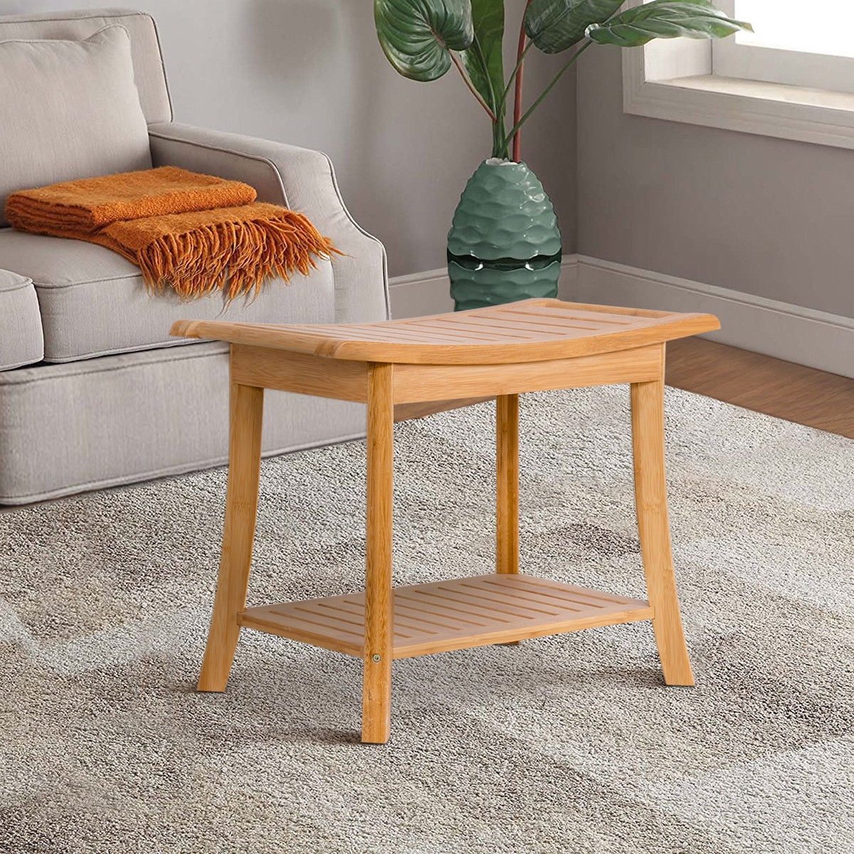 Gymax Bamboo Shower Bench Bathroom Spa Bath Seat Organizer Stool Gymax Bamboo Shower Bench Bathroom Spa Bath Seat Organizer Stool With Storage Shelf