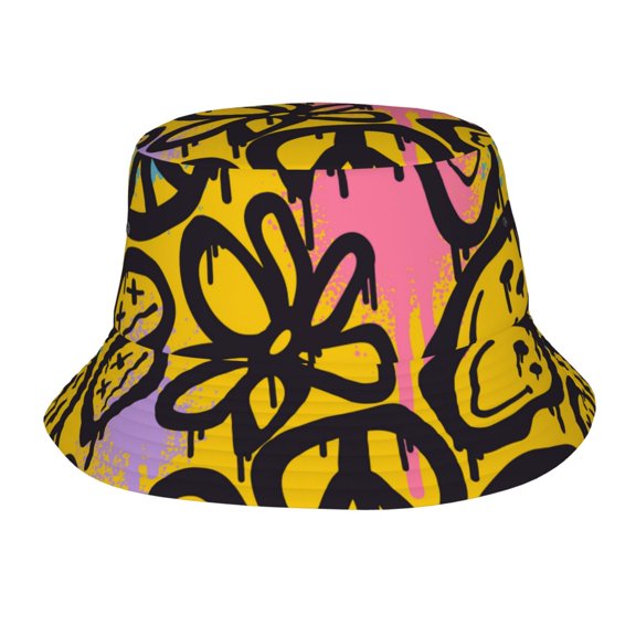 TEQUAN Foldable Polyester Adult Bucket Hat Psychedelic Hippie Smile Graffiti Prints Sun Beach Fishing Outdoor Cap Unisex