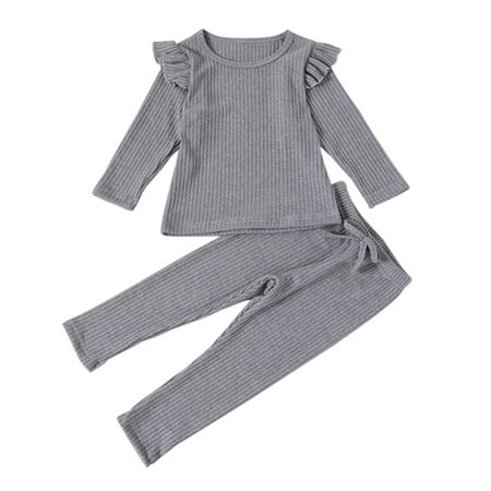 

SYNPOS 1-6T Kid Girls Basic Rib Ruffle Long Sleeve Cotton Solid Color Pajamas Set