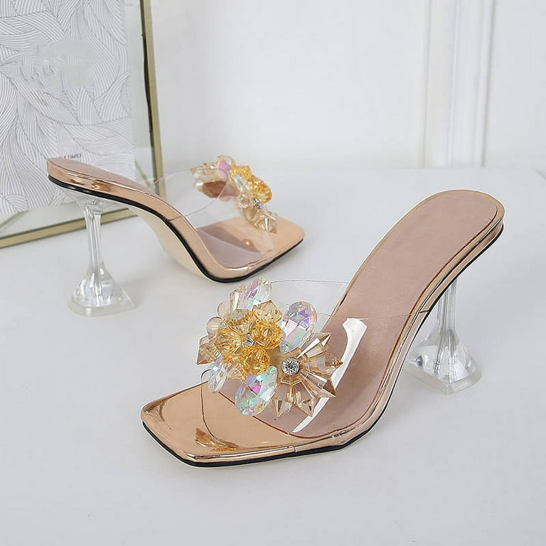 Summer Women's High Heels Sandals Pvc Transparent Ankle Strap Beaded Shoes  Dress
