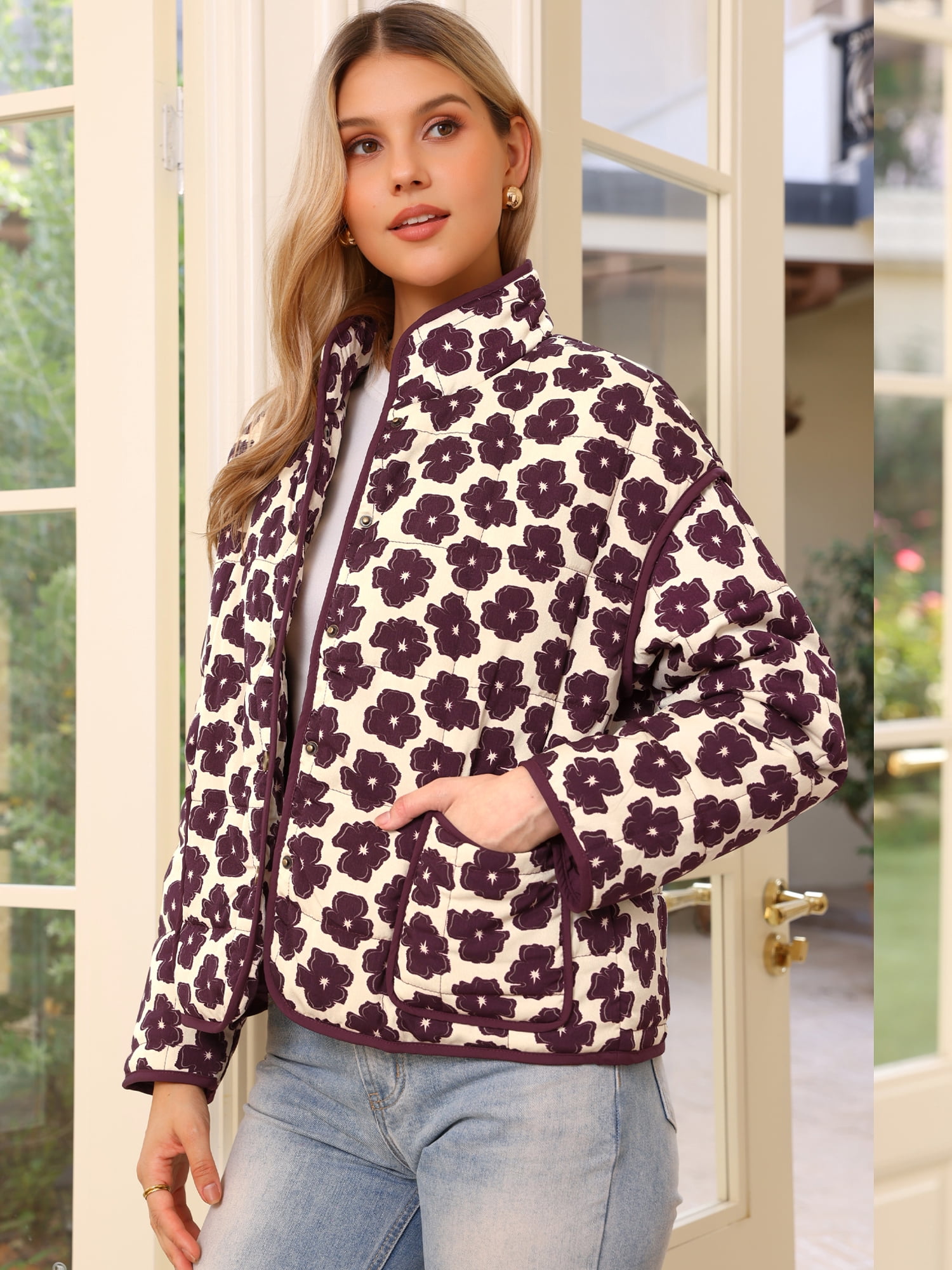 DARING DIVA Women's Cropped Puffer Quilted Floral Button Front Jacket XS Beige