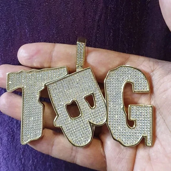 4TCW Round Cut Lab Created Diamond Men's Custom Name TBG Pendant in 14K Yellow Gold Plated