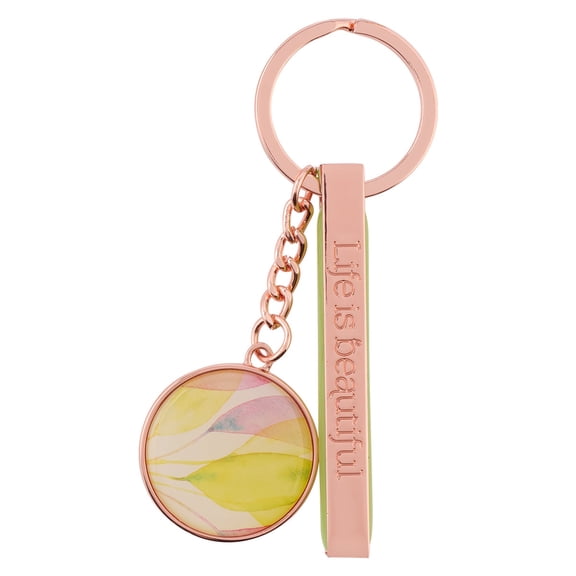 Heartfelt Women's Keychain, Rose Gold Metal w/Lime Green and Yellow Pastel Watercolor Botanical Citrus Leaves Art Design Life is Beautiful Engraved Inspirational Quote Accessory for Her, Split Ring