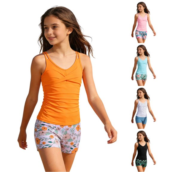 Krdevn Girls Solid Color Leaf Print 2 Piece Tankini Swimsuit with Boyshorts Color:Orange,Size:11-12 Years