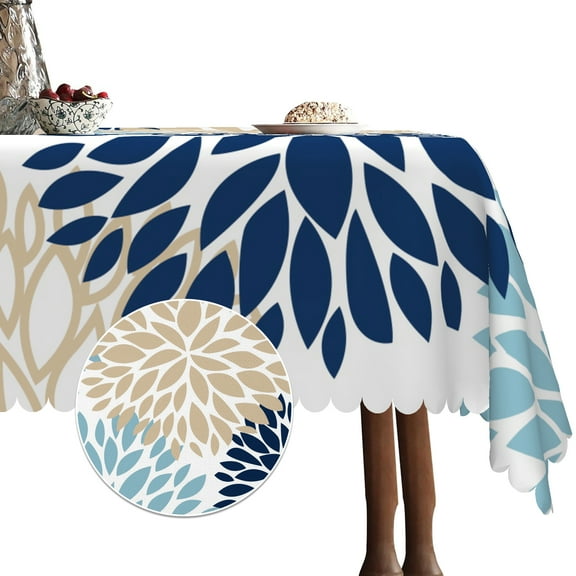 Blue Dahlia Tablecloth,Linen Table Cloth with Flower,Table Cover for Dining Kitchen Decor Party Banquet,60x84
