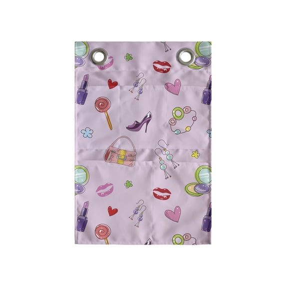 Cartoon Hanging Pocket Organizer, Girls Illustration with Fashion Accessories and Makeup Lollipop Flower Print, Printed Polyester Storage Bag with Pockets, 14" x 20", Multicolor