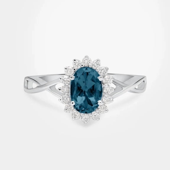 Oval Cut Floral London Blue Topaz Halo Wedding Ring in 925 Sterling Silver – Split Shank Art Deco Jewelry