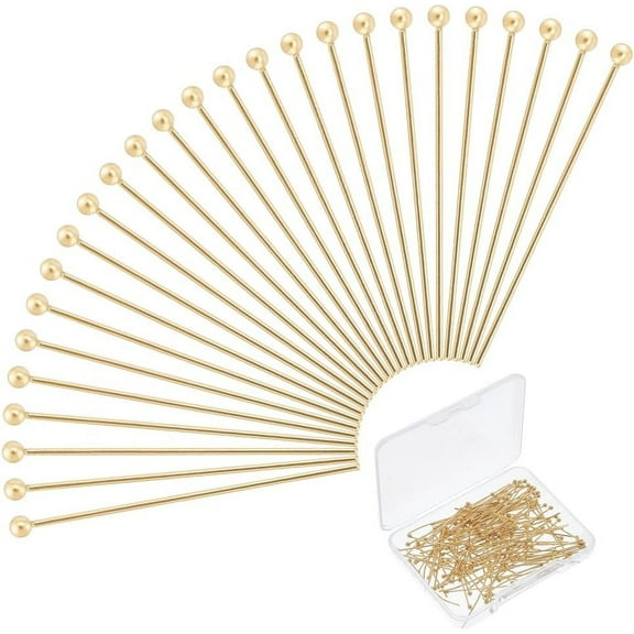 1box 150pcs Real 24K Gold Plated Head Pins Bendable 30mm Stainless Steel Ball Head Pins Metal Eye Pins Findings End Headpins Findings for Earring Craft Jewelry Making gold DIY