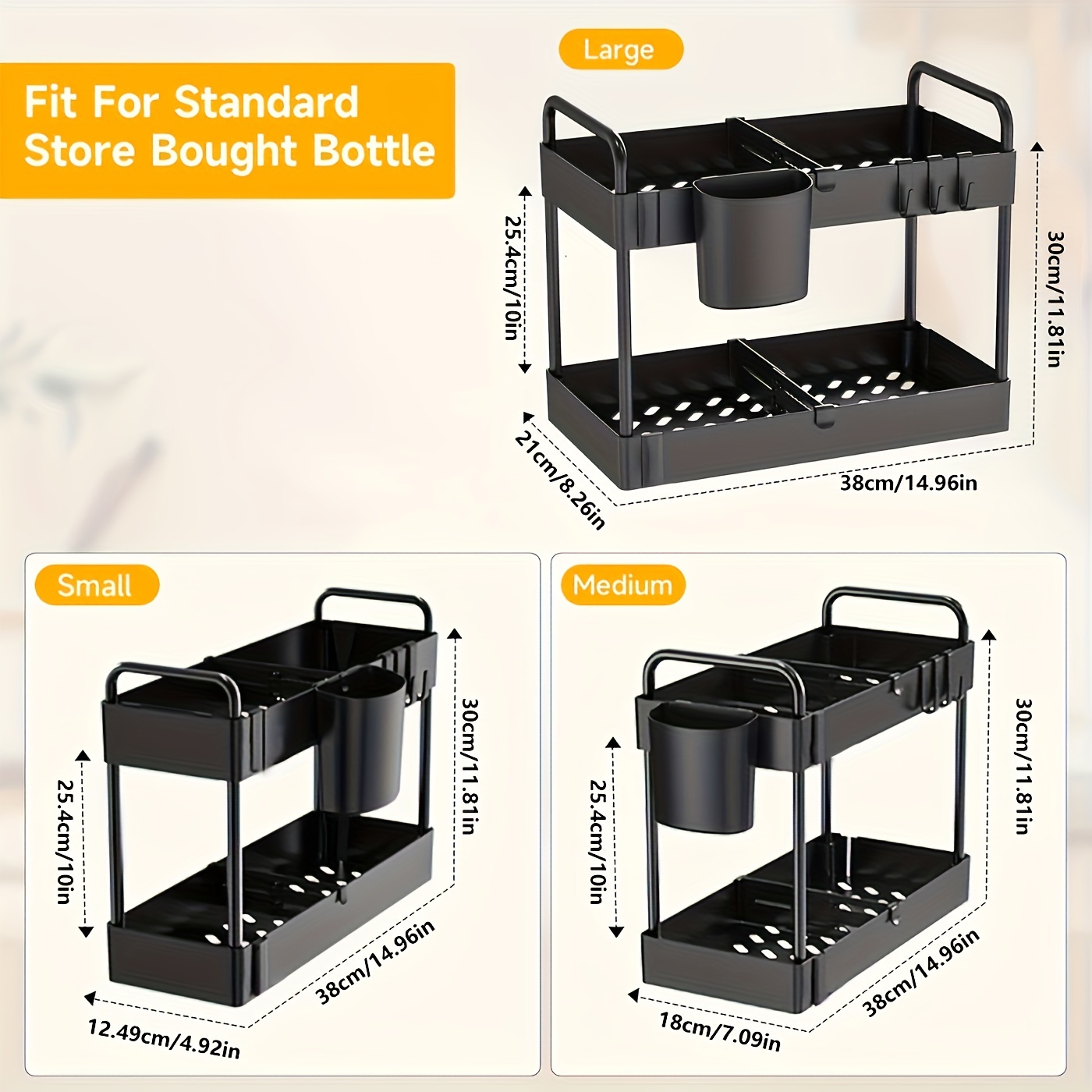 3-Pack Under Sink Storage Organizer, 2-Tier Multipurpose Shelf with Sliding Drawers, Cabinet Organizer for Kitchen and Bathroom, Black