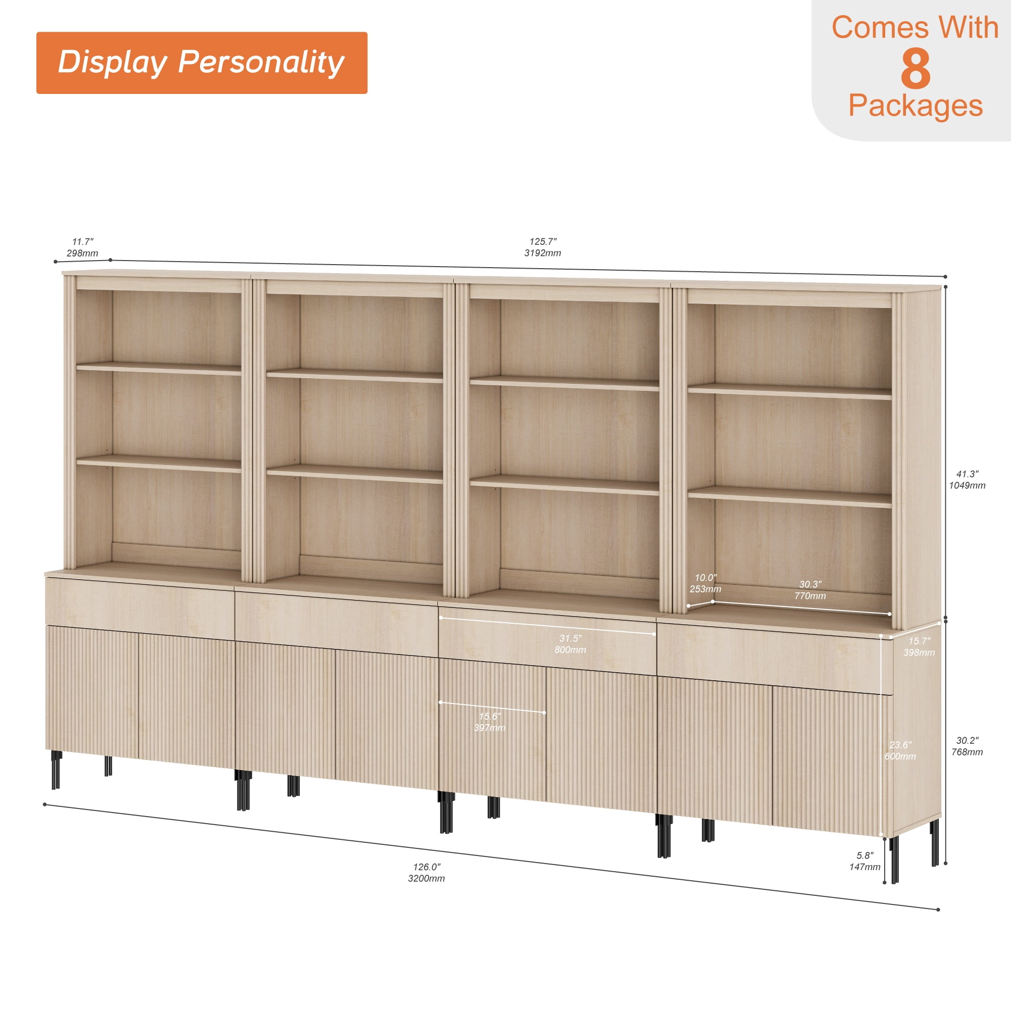 71.6"H X 126"W Set Of 4 Bookcase with Storage Cabinets, 20 Tier Bookshelf with Fluted Doors and Drawers, Large Modern Display Cabinet For Living Room Bedroom Home Office Kitchen