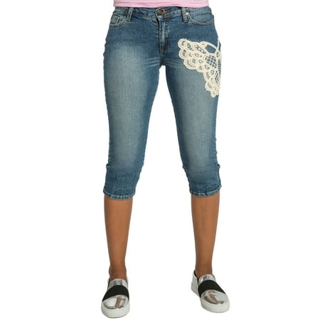 Wash Ladies Jean - Sweet Vibes Junior Women Capri Jean Medium Blue Wash Stretch Denim Crochet Patch
