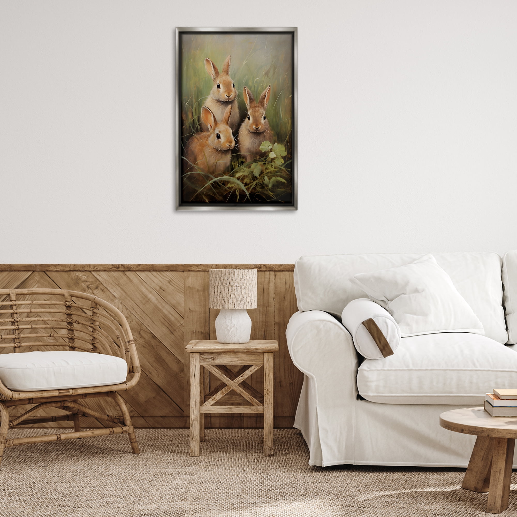 Stupell Industries Baby Bunny Trio Animals & Insects Painting Gray Floater Framed Canvas Art Print Wall Art, 21 x 31
