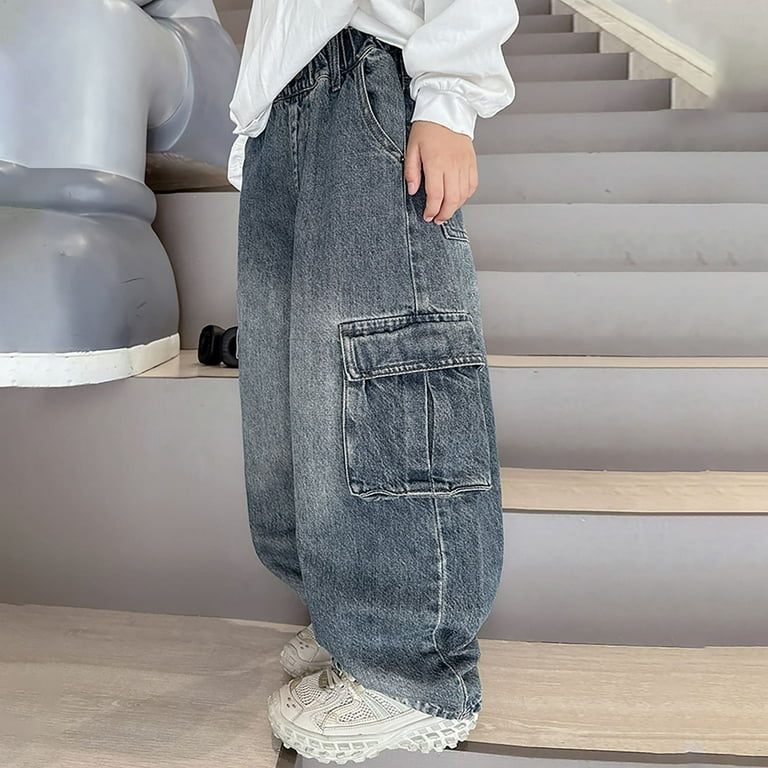 QHFBli Boys Cargo Jeans Kids High Waisted Baggy Pants Casual Demin