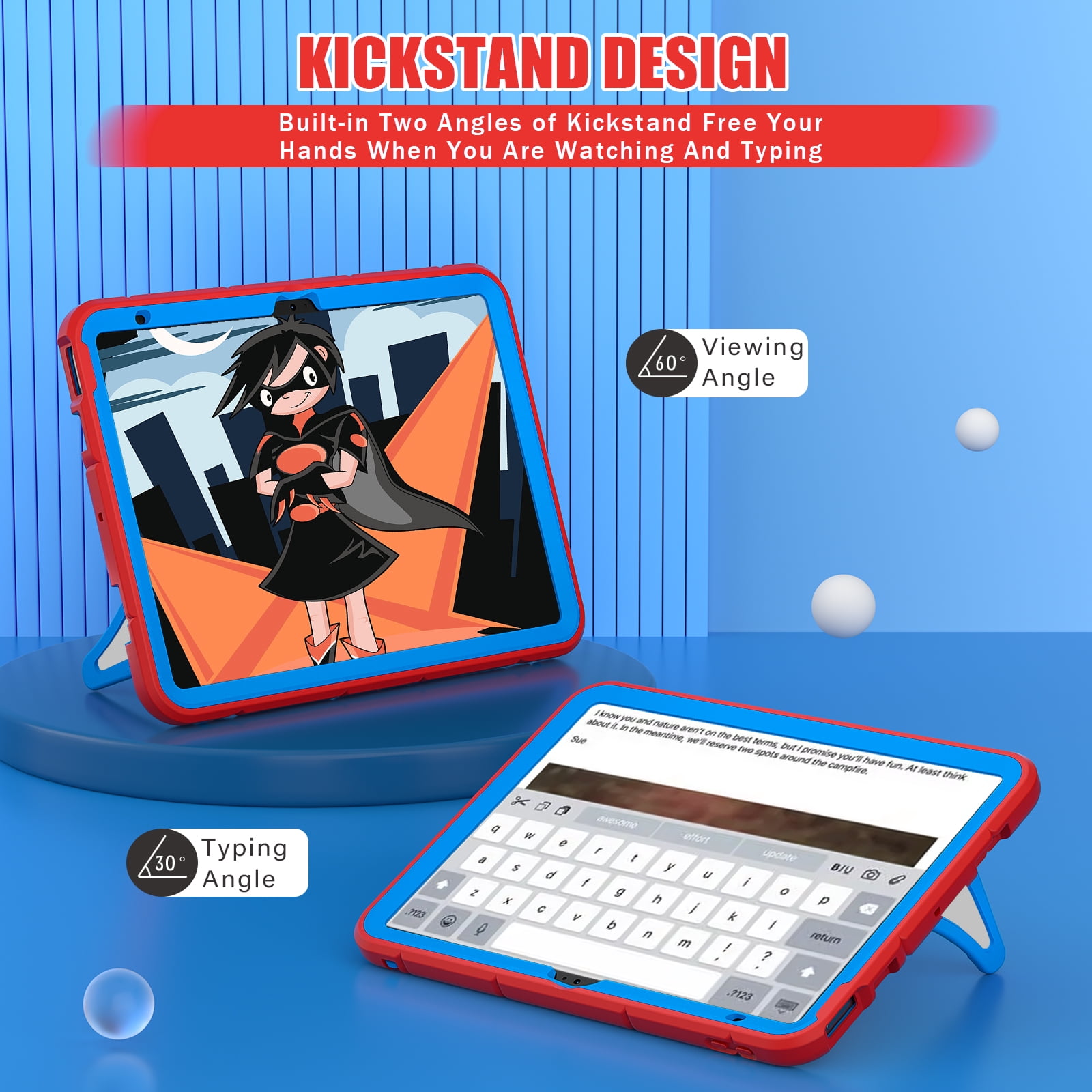 Kids Case for iPad A16 11th Generation 2025 / 10th Gen Case 2022, with Pencil Holder/Kickstand/Shoulder Strap Heavy Duty Protection Rugged Shockproof Hybrid Boy Girl Children Cover, Red + Blue