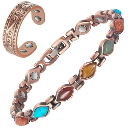 Wollet Copper Magnetic Bracelets for Women，Colorful Turquoise Bracelet Copper Ring,Jewelry Gift Set