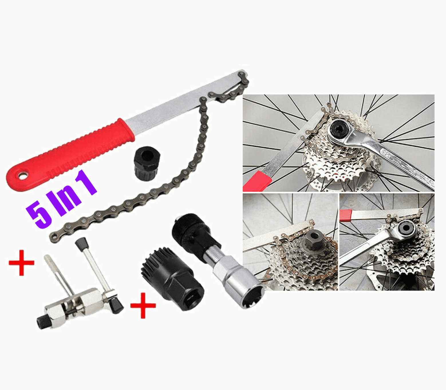 5 In 1 Bicycle Crank Wheel Extractor Removal Cassette Chain Whip Repair Tool Set 