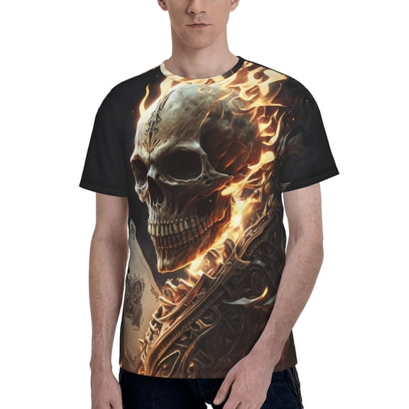 Men's 3D T-Shirt Casual Short Sleeve Funny Tee Tops, Fire Skull Playing Flaming Cards