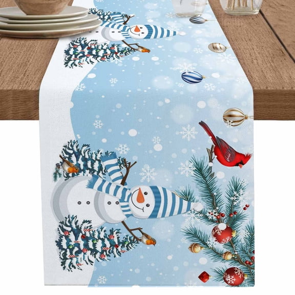 nqOlkjepod Christmas Blue Table Runner 90 Inches Long Farmhouse Dress Scarves, Xmas Snowman Pine Branch Cardinal Bird Snowflake Dining Tablerunner for Coffee Table/Kitchen Island/Party, 13"x90"