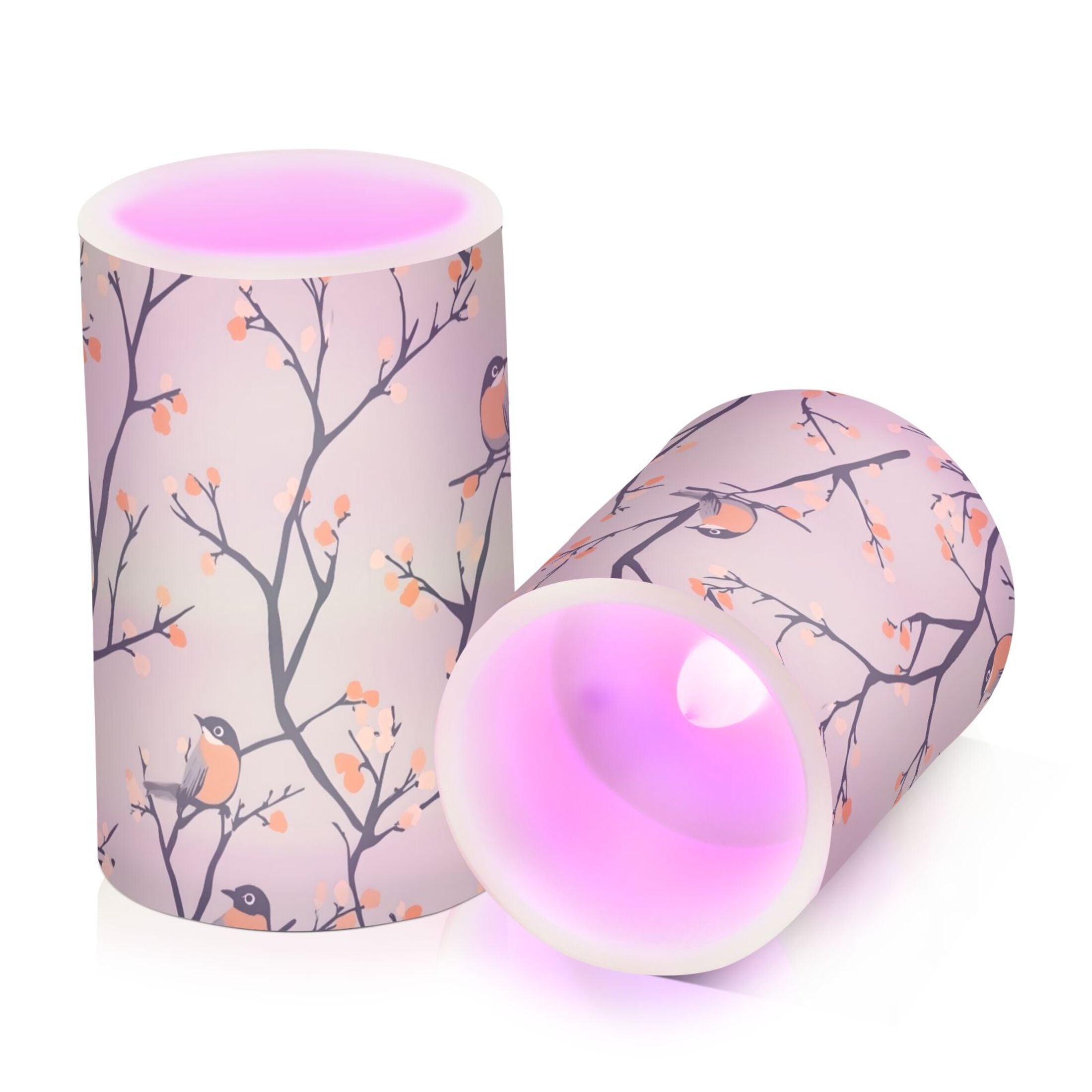Birds on Branches Pattern Flameless LED Candle Set with Remote, Battery Operated Color Changing Pillar Candles, Set of 2