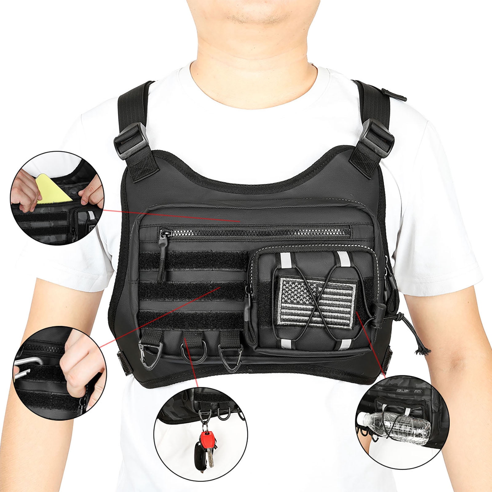 Sports Chest Bag for Men Water Resistant Lightweight Front Running Vest Bag With Phone Holder & Extra Storage for Workouts Cycling Black