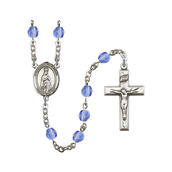 Our Lady of Fatima Silver-Plated Rosary 6mm September Blue Fire Polished Beads Crucifix Size 1 3/8 x 3/4 medal charm