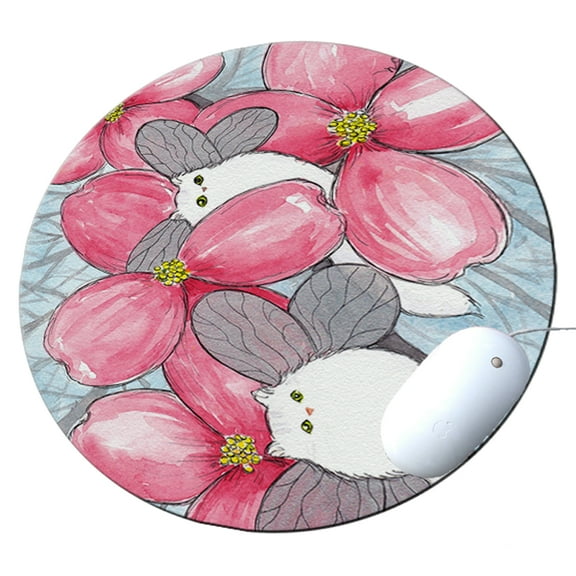 KuzmarK Round Mousepad / Hot Pad / Trivet - Silver Chincilla Persian Kitty Fairies with Pink Dogwood Fantasy Cat Art by Denise Every