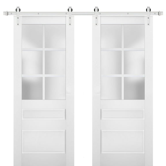 Sturdy Double Barn Door with Frosted Glass | Veregio 7339 White Silk | 13FT Rail Hangers Heavy Set | Solid Panel Interior Doors-36" x 96" (2* 18x96)-Silver Rail