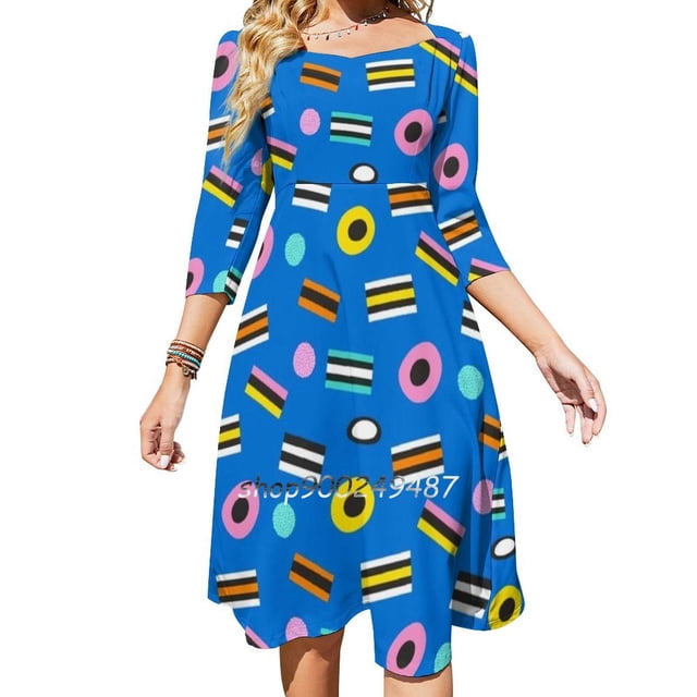 Vestido de cuello cuadrado de regaliz retro, dulce vestido de verano para mujer, elegante vestido con estampado de cuello halter, dulces de regaliz, dulces, golosinas, bocadillos