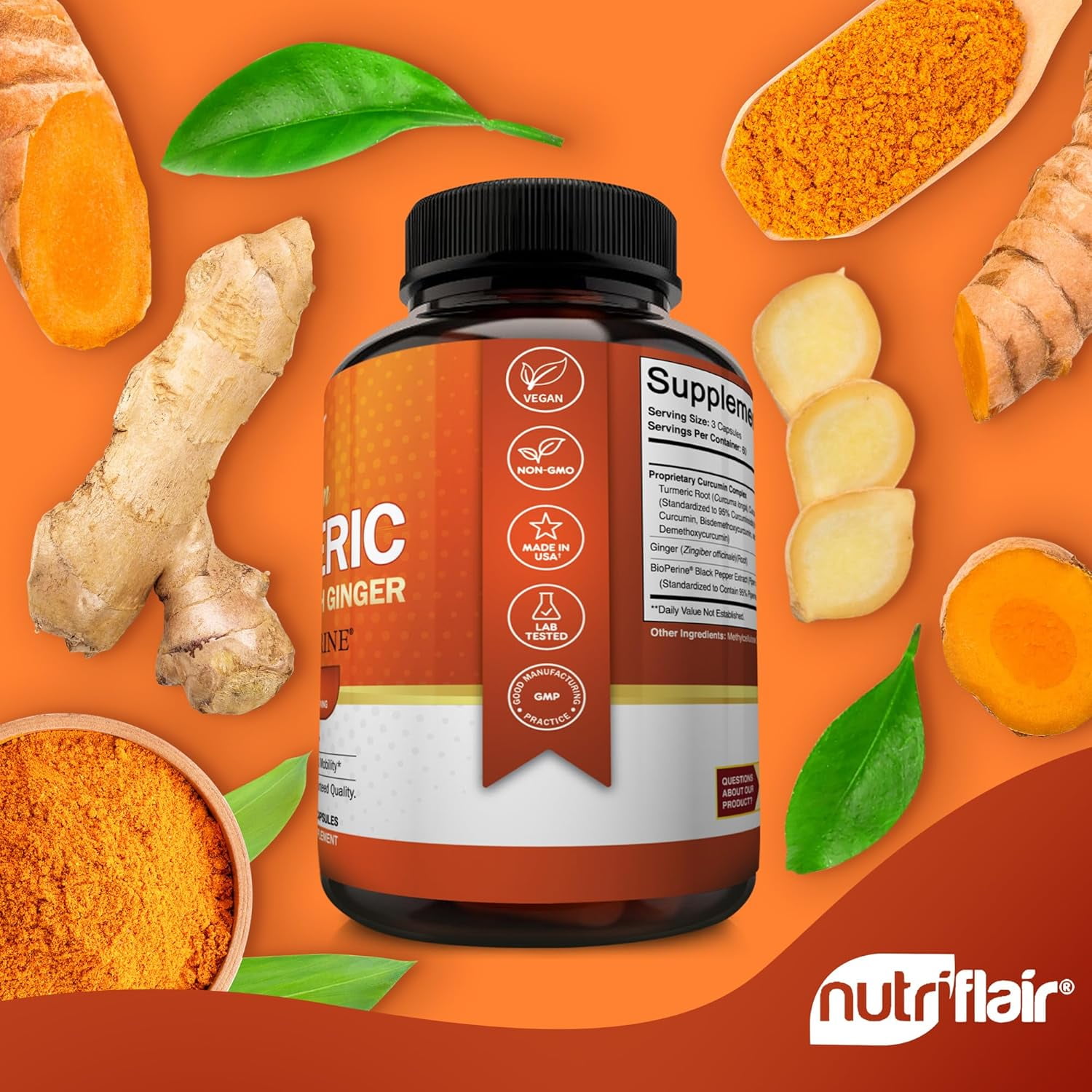 NutriFlair Turmeric Curcumin Supplement with Black Pepper and Ginger, 2250 mg per Serving, 180 Capsules