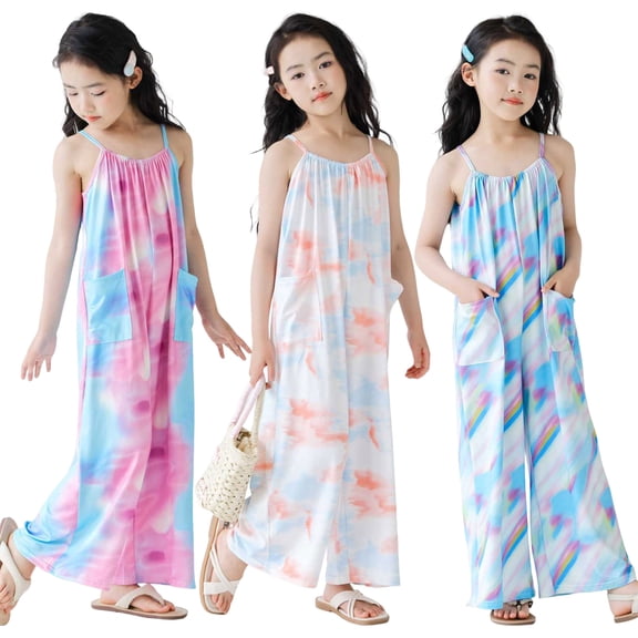 Pandaie 5-14Y Girls Sleeveless Jumpsuit Kids Casual Wide Leg Summer Beach Rompers Spaghetti Strap Overalls Outfits Clothes Blue