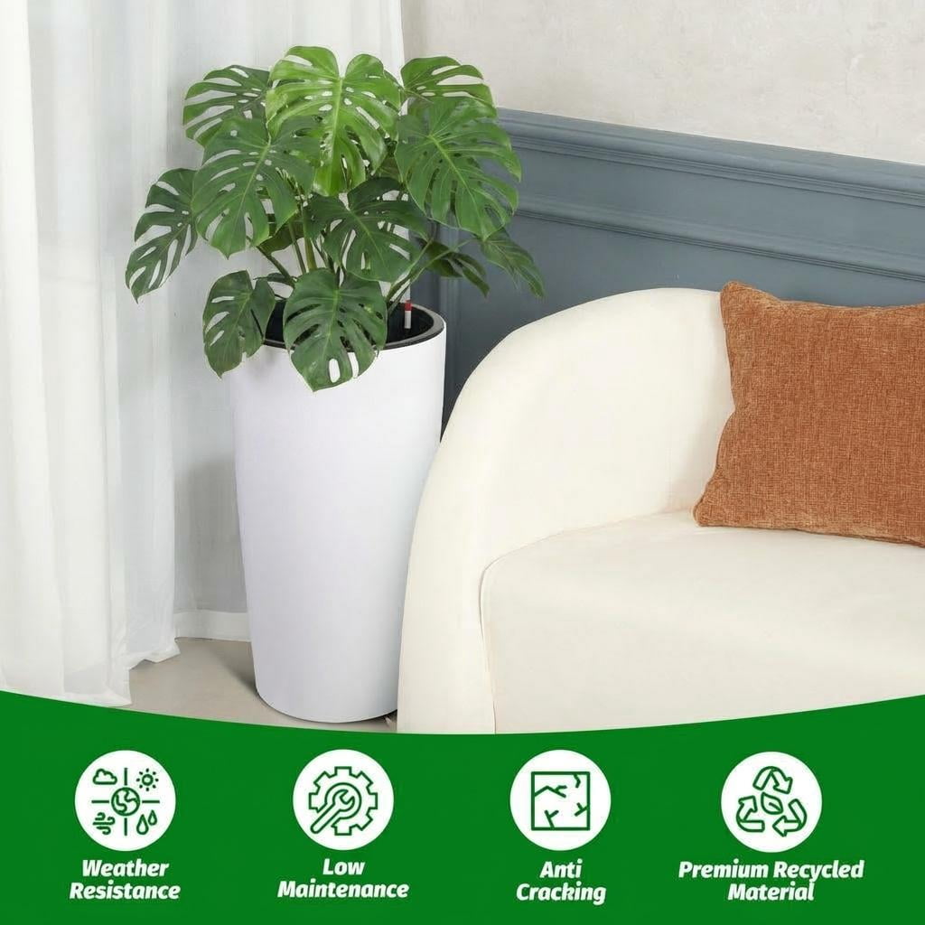 MAROUTE 30 inch Tall Planter Set of 2, Self Watering Pots with Drain Holes, Water Level Monitor & Inner Bucket, Indoor Outdoor Large Flower Pots, White
