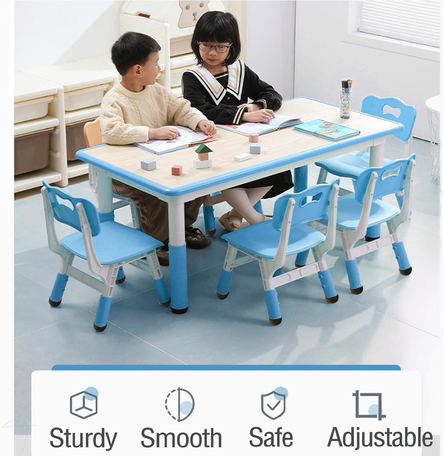 COZONY Adjustable Kids Table and 6 Chairs Set, Toddler Play Activity Table Set with Graffiti Desktop for Reading, Drawing, Eating, Studying, Aged for 2-10, Blue