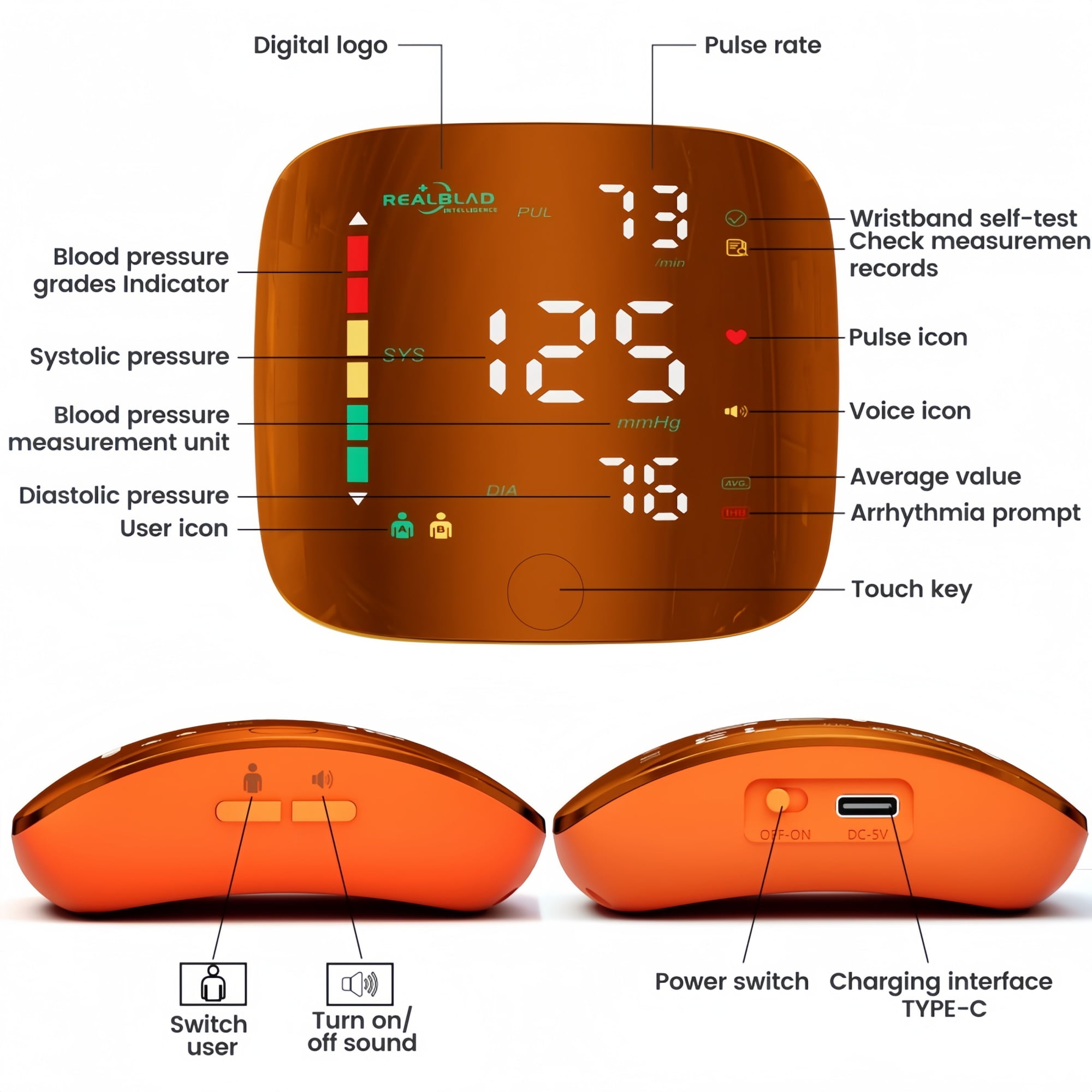 Ziqing Accurate Wrist Blood Pressure Monitor - One-Button Operation, Adjustable Wrist Cuff, Large LED Display, 198 Reading Memory Storage, Rechargeable BP Monitor for Home & Travel - Orange