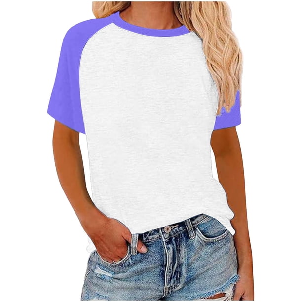 Tops de Cuello Redondo para las Mujeres en Contraste Impreso Suéter de Manga Corta Top de Moda, Blusa Casual Ligera para Diario