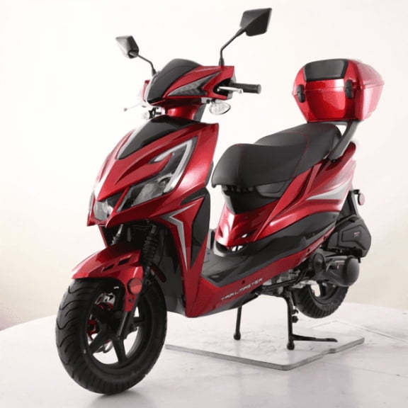 Trailmaster Trophy 150cc Gas Powered Scooter, Electric & Kick Start, Front Disc Brake, CDI Ignition, LED Lights, Optional Color-Matched Storage Trunk – Pre-Assembled, Red