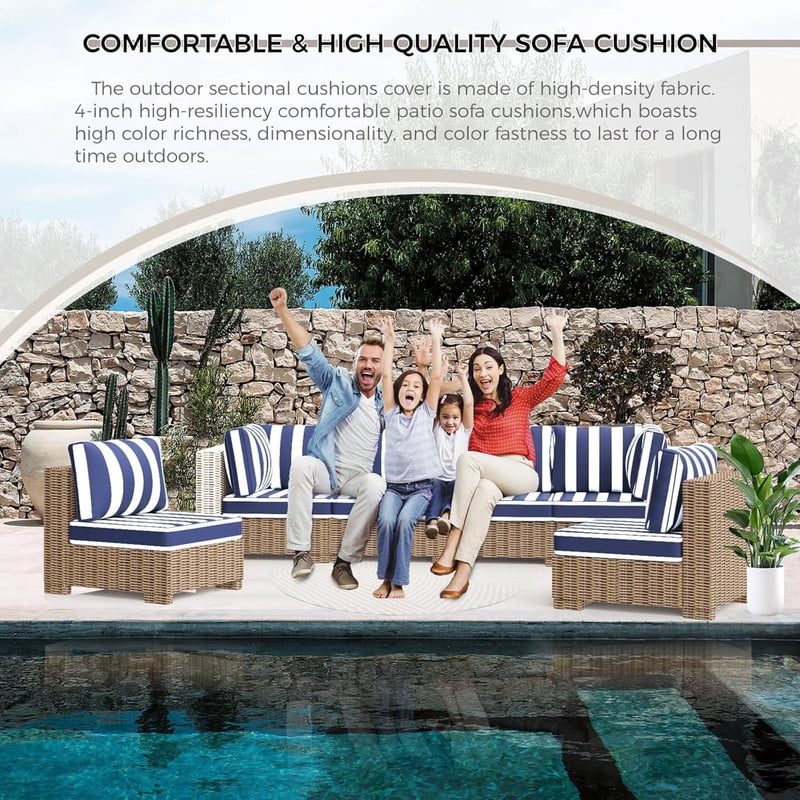 Outdoor Sectional Cushions, 6 Seat Patio Sectional Cushions, 4" Foam High-Density, Water-Resistant Patio Sofa Cushions Replacement Set（Blue white）