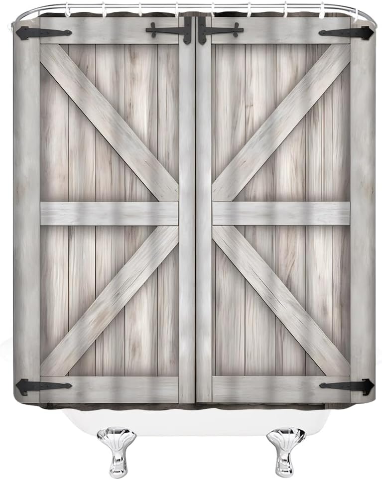 Rustic Barn Door Shower Curtain, Vintage Farmhouse Old Wooden Plank Decor Fabric Bathroom Curtains, Western Country Style Shower Curtains Set 70x70