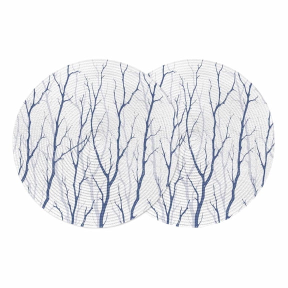 Navy Blue Branches Round 15 Inch Placemats Set of 2, Modern Abstract Art Forest Silhouettes HeatResistant Non Slip Place Mats for Dining Table, Wipeable Braided Kitchen Table Mats for Housewarming