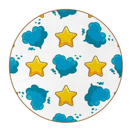 

OWNTA Blue Cloud Yellow Stars Pattern Premium Microfiber Leather Round Coasters (6PCS) - 11x11 cm/4.3x4.3 in - Durable & Stylish Cup Mat Set