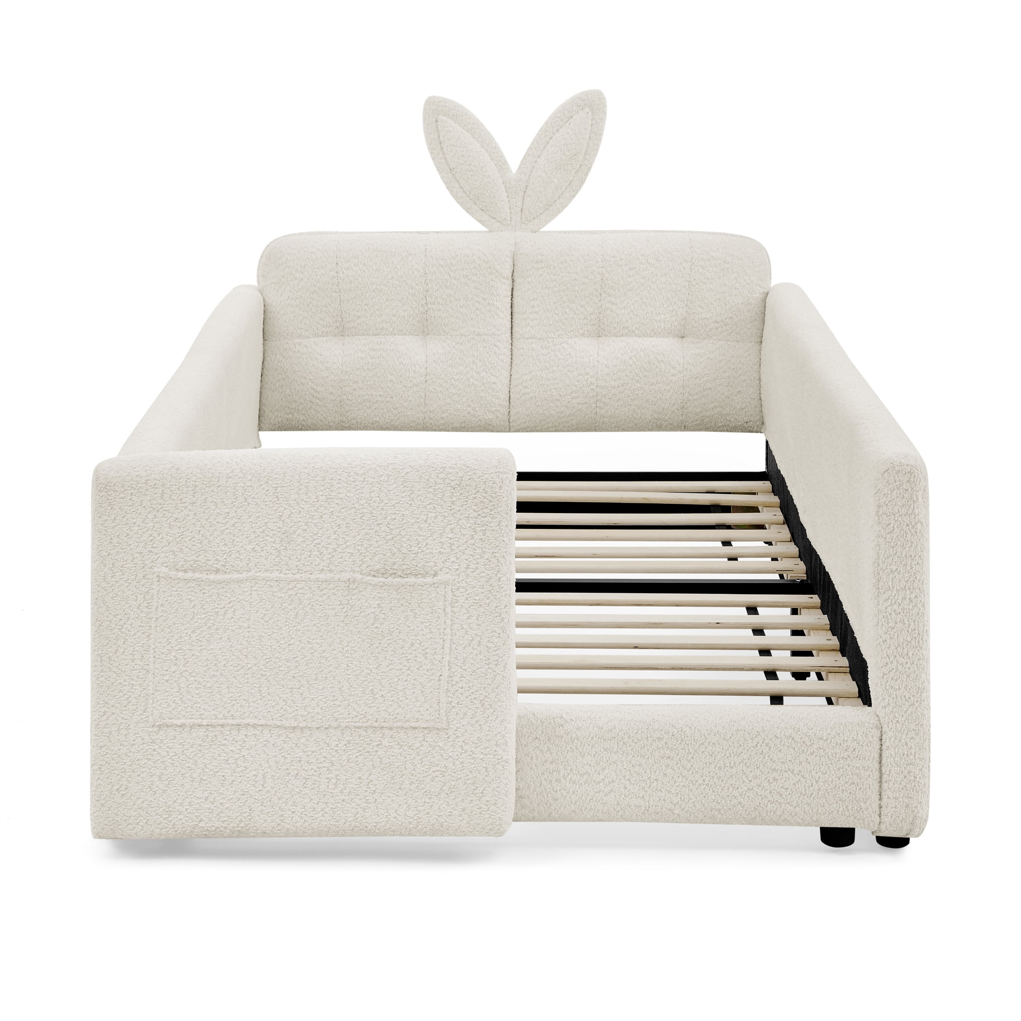 GARITIN Twin Size Upholstered Platform Bed, Rabbit Ear Shaped Headboard with Safety Rail and Pocket for Kids Room, Beige