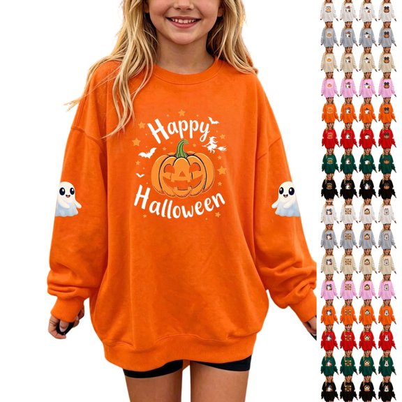 Toddler Sweatshirts Dqueduo Children's Halloween Prints Casual Loose Fleece Lined Long Sleeve Round Neck Hoodie Sweatshirt For Kids