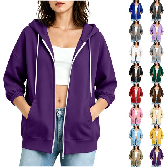 Women's OverSize Casual Solid Color Zipper Drawstring 3/4 Sleeve Elastic Cuff Jacket